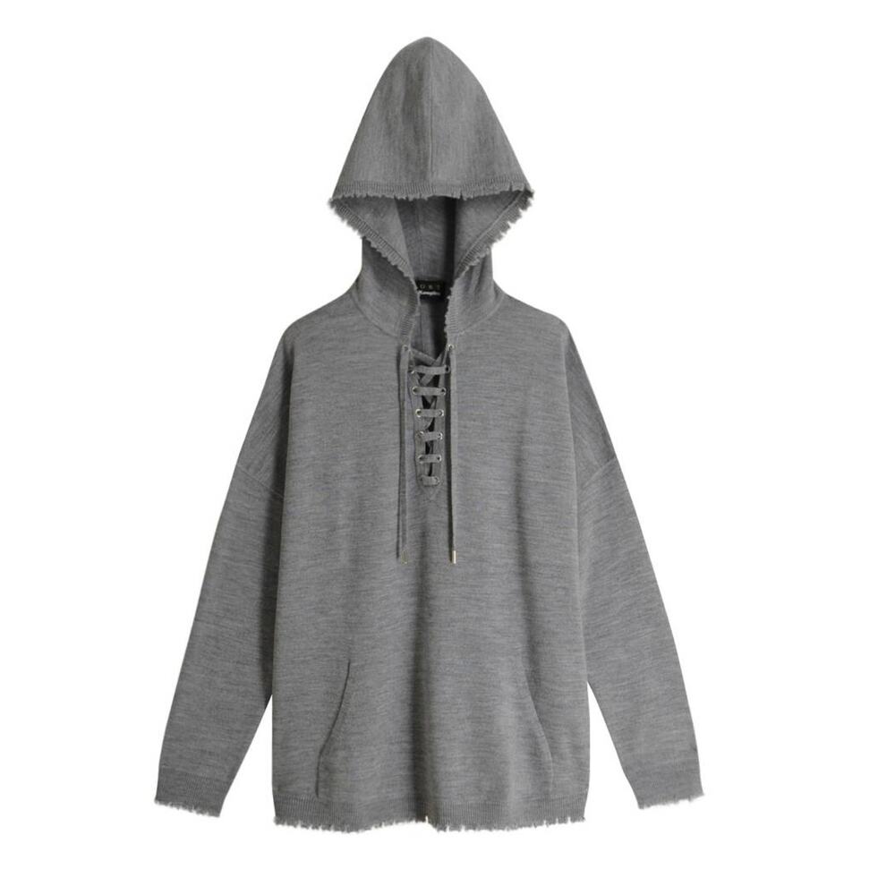 The Kooples Merino Wool Hooded Lace Up Pullover Raw Edge Sweater Hoodie - Picture 11 of 11